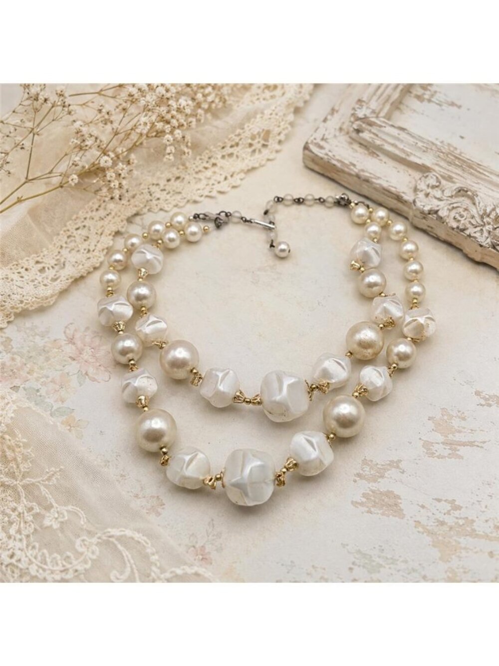 Vintage Signed Japan Cream Faux Pearl White Nugget UV Reactive Necklace 16 In